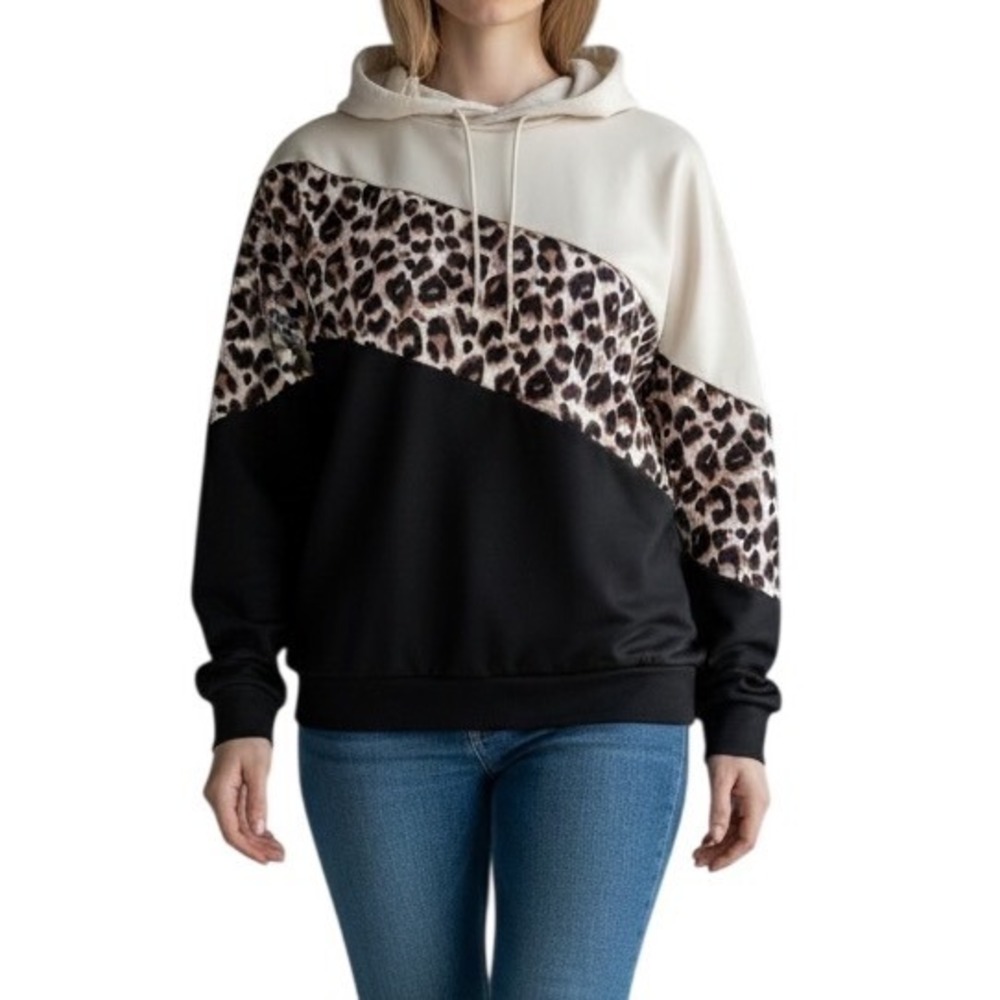 Womens Leopard Print‎ Colorblock Hoodie Cream Black Animal Panel Sweatshirt